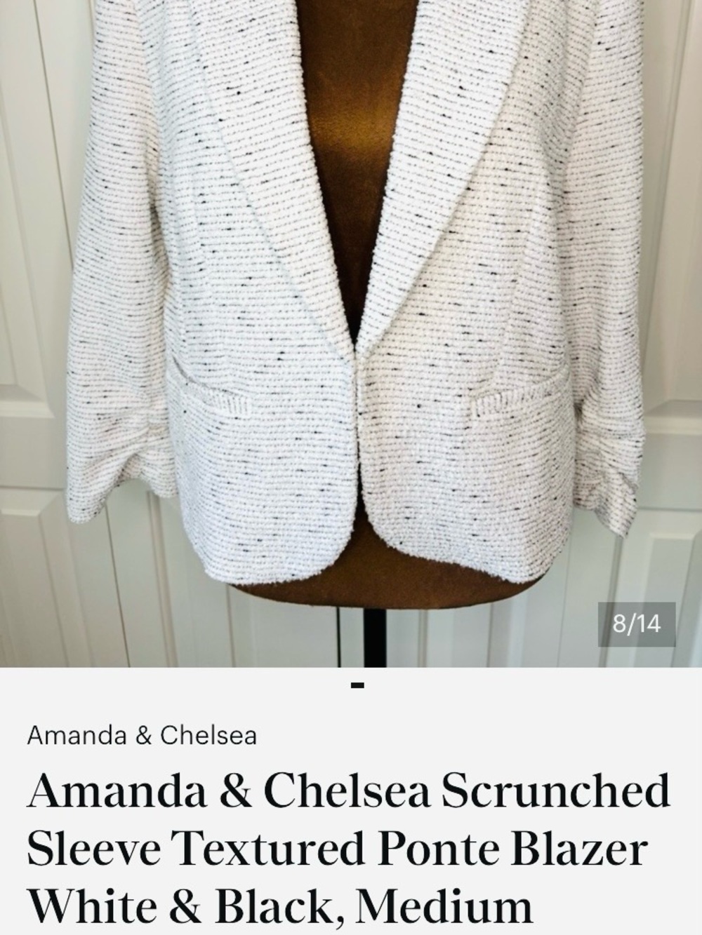 Chelsea & Amanda Textured Black & Cream Ponte 3/4 Sleeve Stretch Blazer Lrg. NWT - Picture 10 of 11